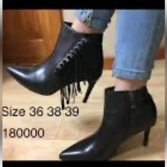 New Black Leather Fringe Pointed Toe Stiletto Heel Boots with Zipper - Picture 3 of 13